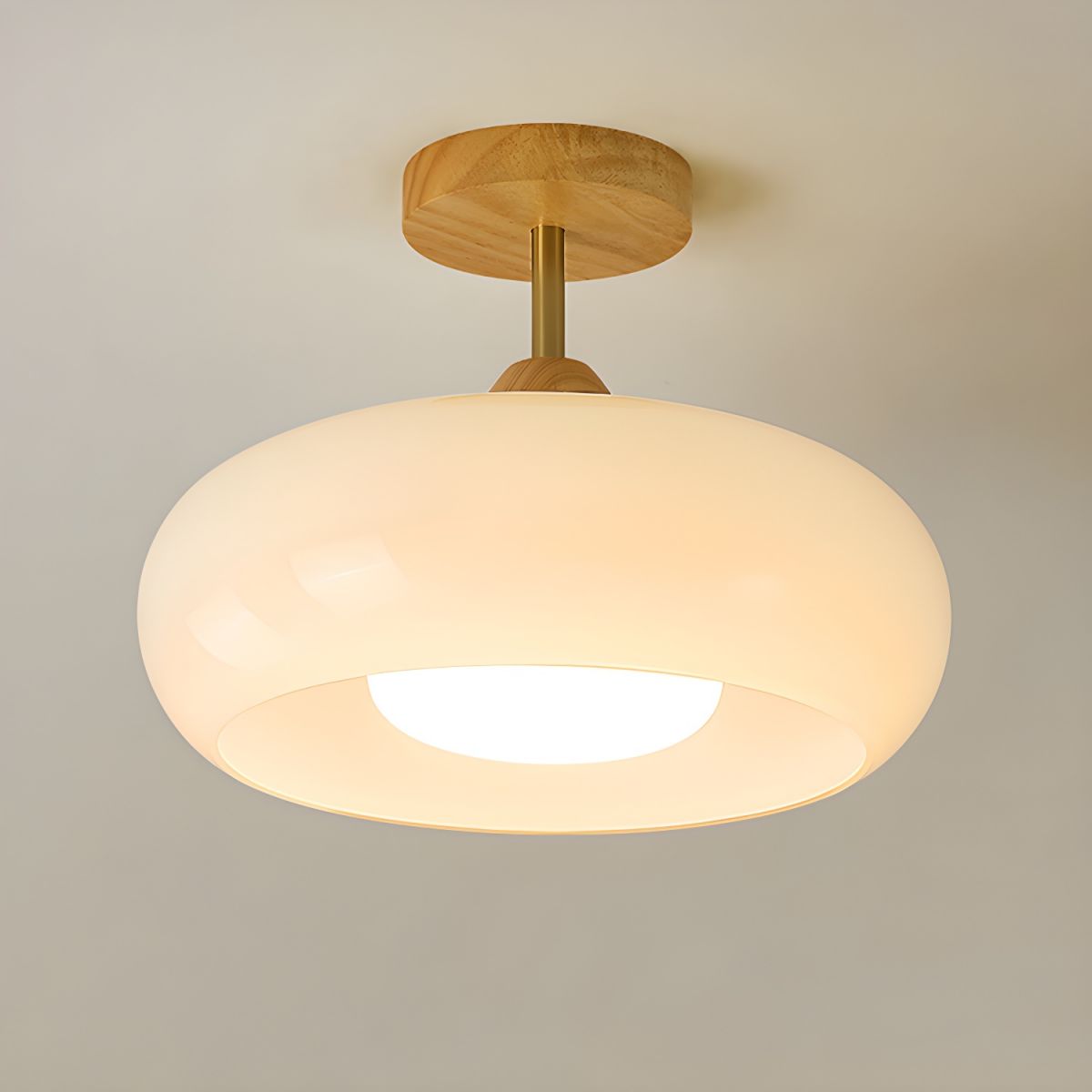 Ceiling Light – Vintage Wood & Glass Semi-Flush Mount Drum Lamp
