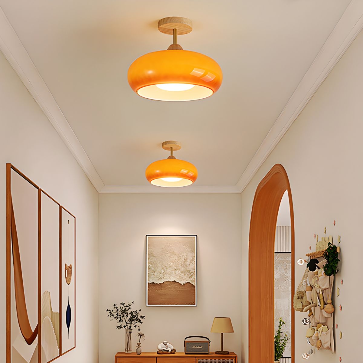 Ceiling Light – Vintage Wood & Glass Semi-Flush Mount Drum Lamp