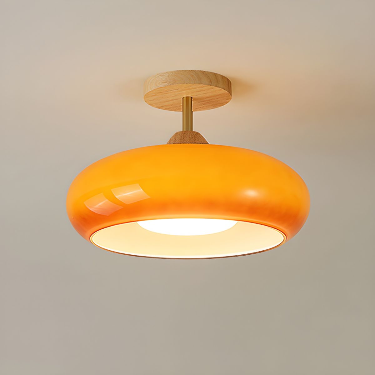 Ceiling Light – Vintage Wood & Glass Semi-Flush Mount Drum Lamp