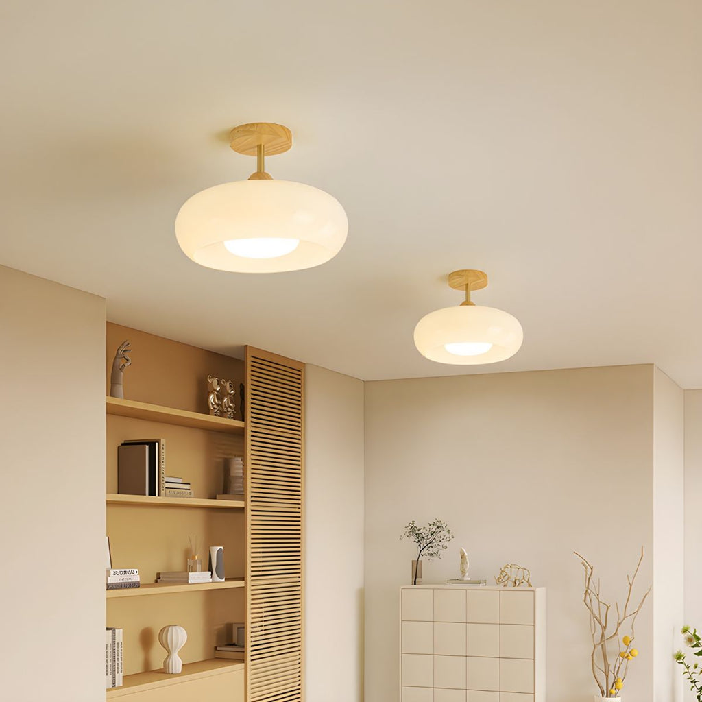 Ceiling Light – Vintage Wood & Glass Semi-Flush Mount Drum Lamp